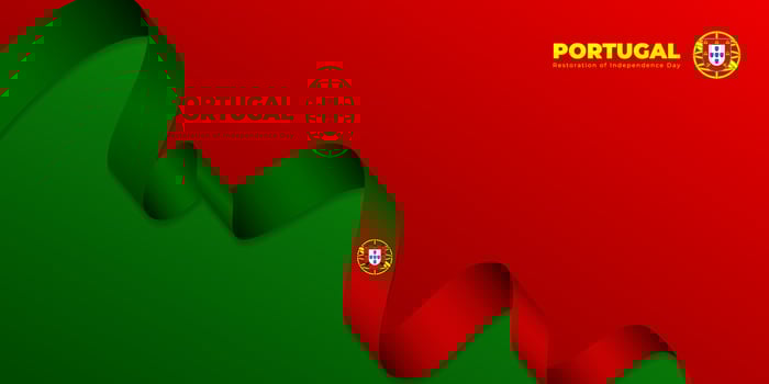Waving Portugal ribbon flag with Red and green background. Portugal restoration independence day template design. vector