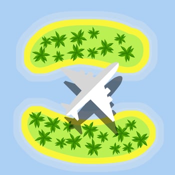 Plane flies over Islands with palm trees vector