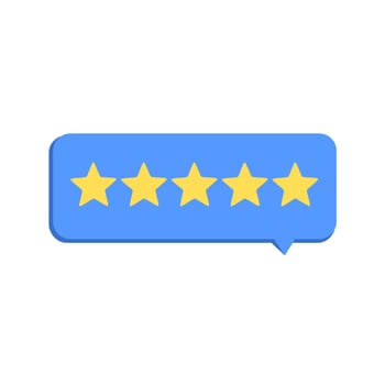 Vector illustration of customer review notification icon. Speech bubble with five stars rating and review, positive feedback. Customer service, user experience, social media and digital marketing