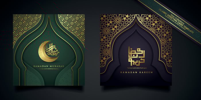 Ramadan background islamic greeting design with mosque door with floral ornament and arabic calligraphy vector