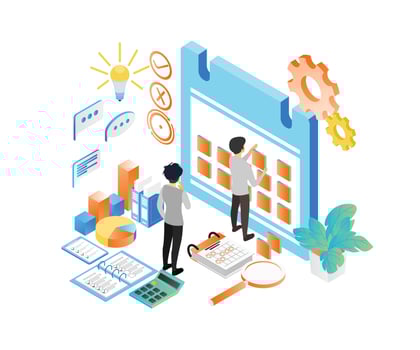 Isometric style illustration of business planning schedule with characters and date vector