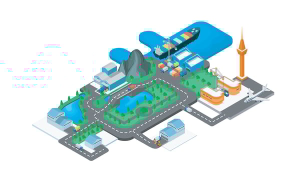 Isometric style illustration about shipping map from port and airport to warehouse vector