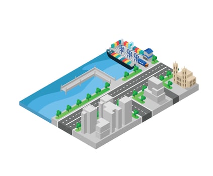 Isometric style illustration of office and warehouse in port vector