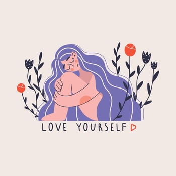 Love yourself. Woman hugging herself. Lettering. Love your body concept. Vector illustration.