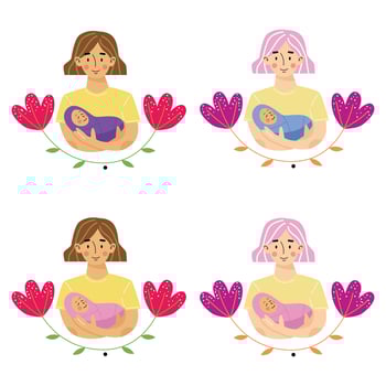 Mother holding baby son or daughter in arms. Mother and newborn son or daughter. Use for greeting card, poster, banner. Floral background. Vector illustration.