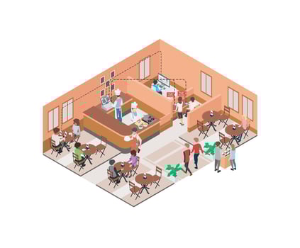Isometric style illustration about restaurants with table ordering applications via smart phones vector