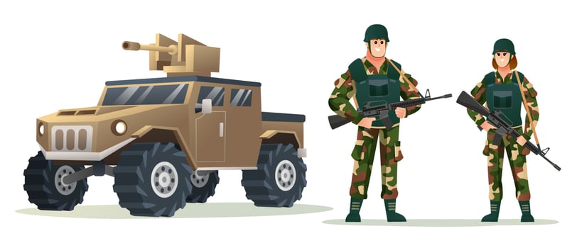 Male and female army soldiers holding weapon guns with military vehicle cartoon illustration vector