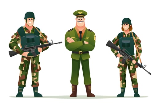 Army captain with man and woman soldiers holding weapon guns character set vector