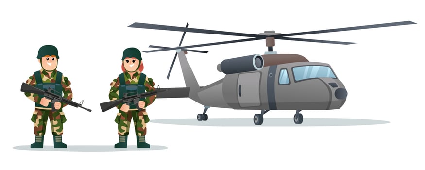 Cute male and female army soldiers holding weapon guns with military helicopter cartoon illustration vector