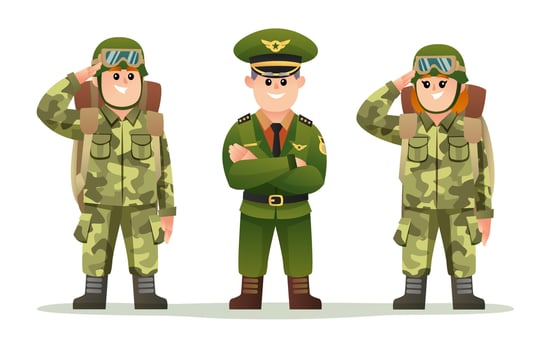 Cute army captain with male and female soldiers carrying backpack character set vector