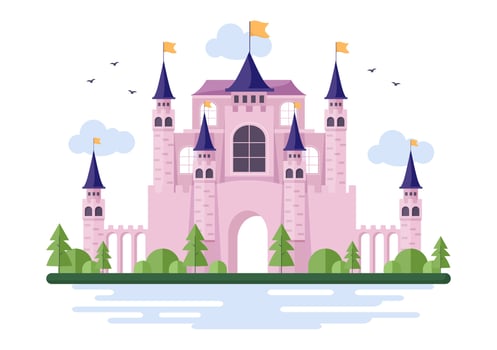 Castle with Majestic Palace Architecture and Fairytale Like Forest Scenery in Cartoon Flat Style Illustration vector