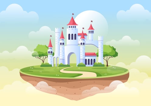 Castle with Majestic Palace Architecture and Fairytale Like Forest Scenery in Cartoon Flat Style Illustration vector