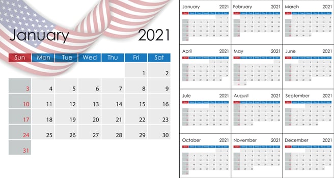 Simple Calendar 2021 on English language, week start on Sunday. vector
