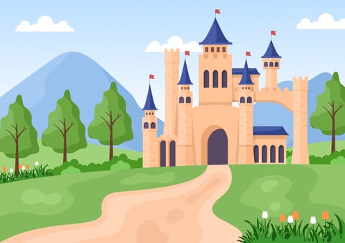 Castle with Majestic Palace Architecture and Fairytale Like Forest Scenery in Cartoon Flat Style Illustration vector