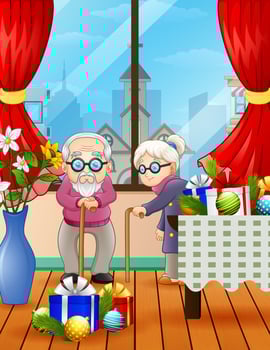 A couple of grandparents celebrating Christmas in the house vector