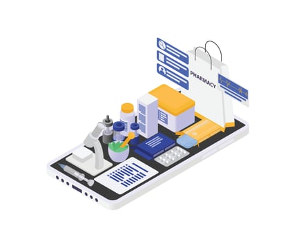 Isometric style illustration of online pharmacy vector
