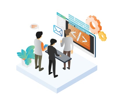 Isometric style illustration of programmer working with team vector