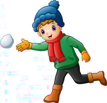 Cute little boy in winter clothes throwing snowball vector