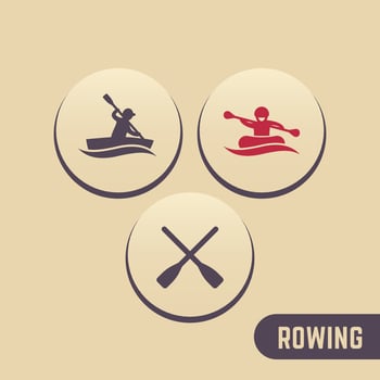 Rowing icons, kayaking, rafting, canoe, oars round icons, vector illustration