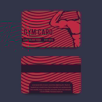 fitness club, gym card design in dark red, with athlete flexing biceps, vector illustration