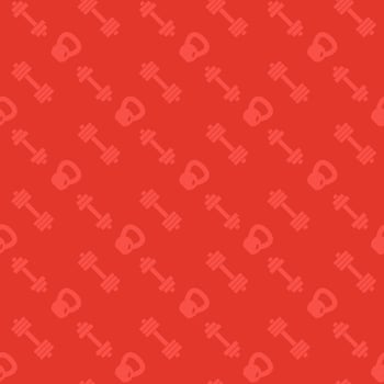 seamless pattern with fitness icons, dumbbells and kettlebell, red background vector