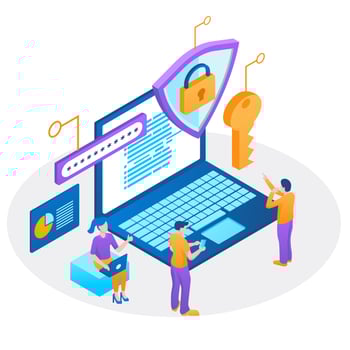 Infographic, banner with hero protect data and confidentiality. Safety and confidential data protection, concept with character saving code and check access. Flat isometric vector illustration