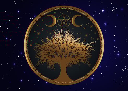 tree of life Wicca sign mandala, Gold Mystical Moon Pentacle, Sacred geometry, Golden Crescent moon, half moon pagan Wiccan triple goddess symbol, vector isolated on blue starry night sky background
