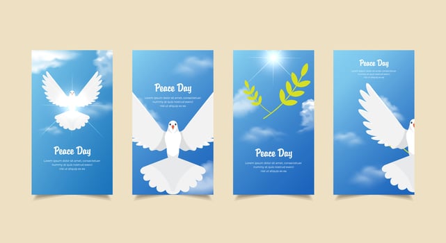 International day of peace design Stories Collection. Peace day template stories suitable for promotion, marketing etc. Celebration International day of peace background with pigeon and blue sky. vector
