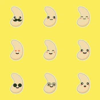 cute and kawaii cashew kidney shape nut flat cartoon character. Vector bean with head and eyes, comic superfood hero. Vegetarian food, healthy vegetable