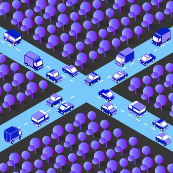 Isometric crossroads vehicles from autobiles, trucks, vans vector