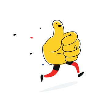 Illustration of like. Vector. Thumb up with legs. Cartoon flat style. Yellow character for company and logo. Fun positive icon. vector