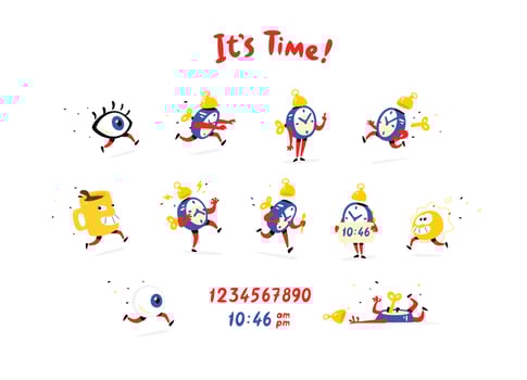 Cartoon characters alarm clock. Vector. Set of emotions and alarm clocks. The life of the clock. Logo for company, print and website. Time to wake up. Work mode. Eye, a cup of coffee, the sun. vector