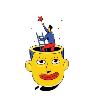 Illustration of a man's head. Vector. Friendly face with a dream. Cartoon flat style. The character gets a star from the sky. Brand company. Dreams come true. Stars are lit. The whole thing icon. vector