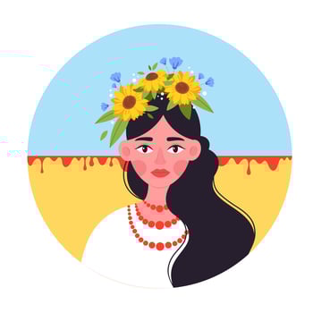 Ukrainian woman with a national Ukrainian wreath on her head. Ukrainian flag. Stop war vector