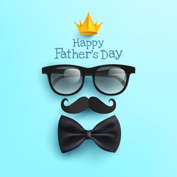 Happy Father's Day poster with Glasses,Mustache Paper and Bow tie on blue.Greetings and presents for Father's Day in flat lay styling.Promotion and shopping template for love dad concept vector