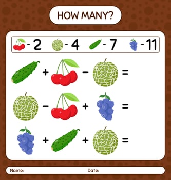 How many counting game with fruit. worksheet for preschool kids, kids activity sheet, printable worksheet vector