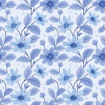 Monochrome blue flowers and leaves seamless pattern. vector