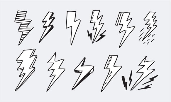 set of hand drawn vector doodle electric lightning bolt symbol sketch illustrations. thunder symbol doodle icon .