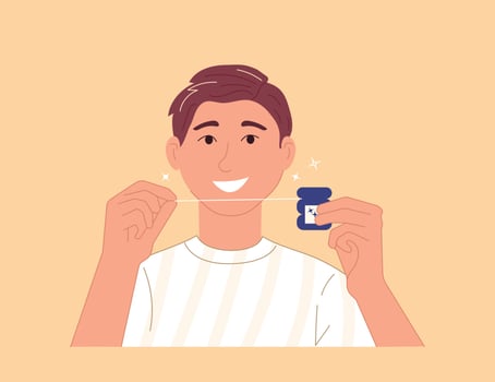 Smiling young man using tooth floss cleaning. Daily oral hygiene and healthy white teeth concept. Flat vector illustration