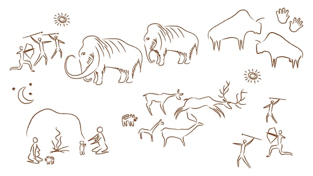Ancient rock paintings illustration. Prehistoric cave paintings of primitive people hunting mammoths and deer making cromagnan women campfires and playing with vector children