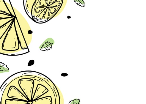 Beautiful background with lemons, flowers, leave. Hand-drawn vector illustration of fruits. Banner in the style of engraving. Vintage citrus and botanical design. For poster, prints, wallpaper, covers
