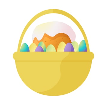 Vector illustration of an Easter basket with Easter and eggs. Spring decor. Happy Easter celebration concept. Simple cartoon style for logos, banners, posters, backgrounds, stickers, printing.