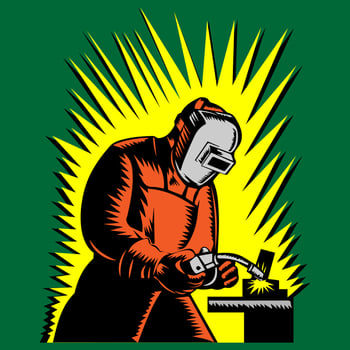 welder working with welding helmet in badge design style with green background vector