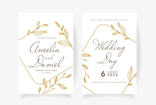 Wedding invitation template with beautiful leaves and geometric golden frame Vector