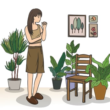 woman and plants in the live room, Minimalist interior furniture. vector