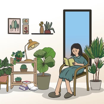 woman and plants in the live room, Minimalist interior furniture. vector