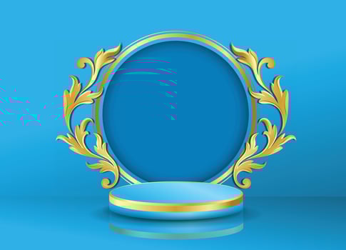 Podium and baroque gold motifs on blue background. vector