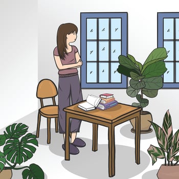 woman and plants in the live room, Minimalist interior furniture. vector