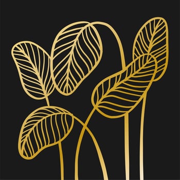 Golden abstract palms leaves, big gold palm leaf composition. Tropical jungle exotic luxery botanical floral wall print decor. Vector hand drawn linear illustration.