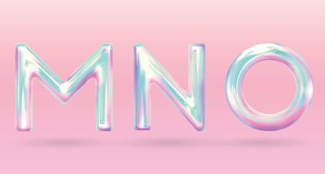 modern holographic alphabet letter M N O uppercase. vector of holographic font isolated on pastel background.